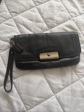 Coach Black Leather Wristlet Clutch with Silver  Hardware